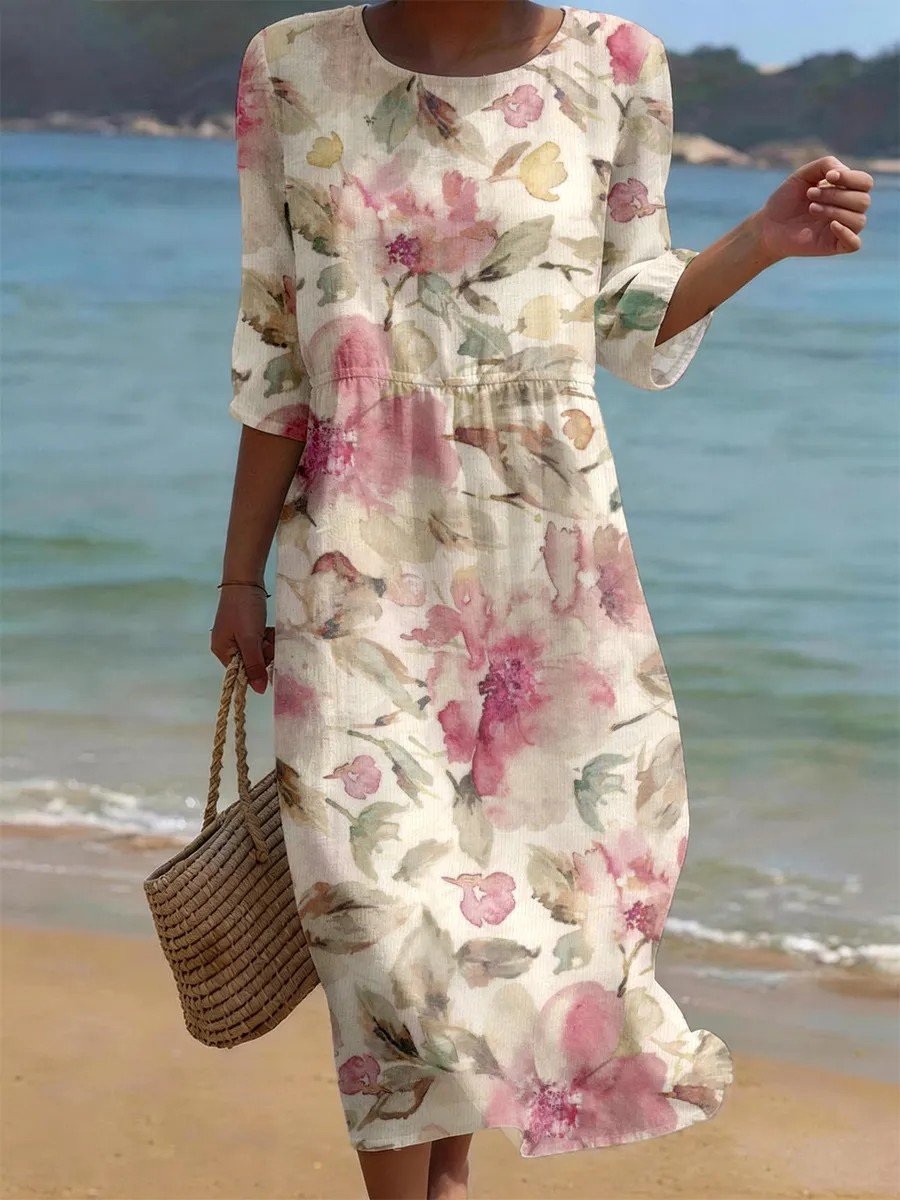 Floral Vintage Others Linen Blend Dress With No