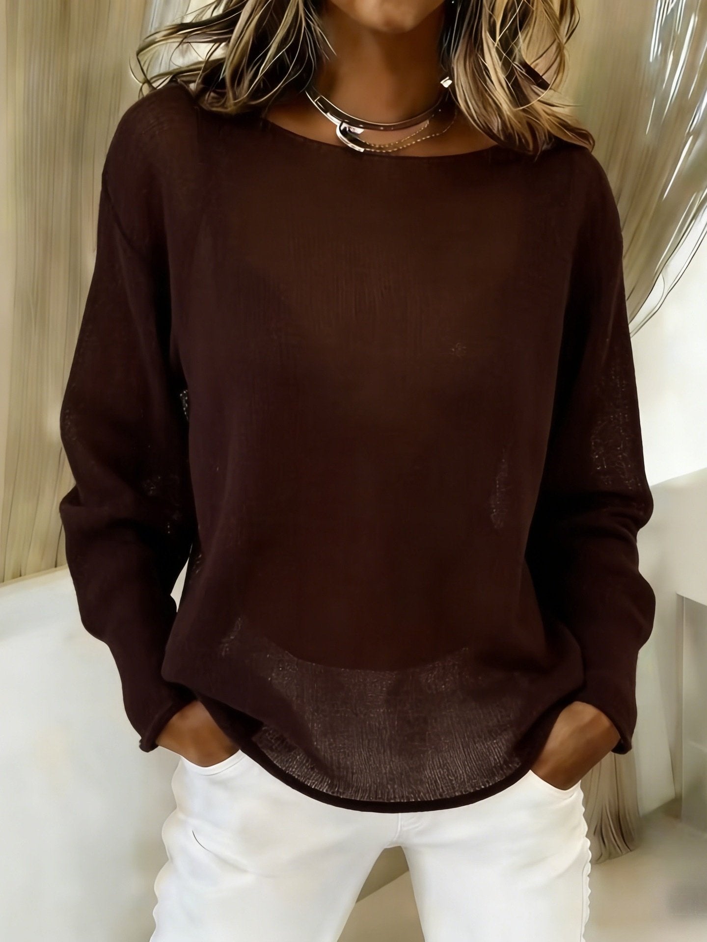 Women's Long Sleeve Blouse Spring/Fall White Plain Crew Neck Daily Going Out Casual Smock