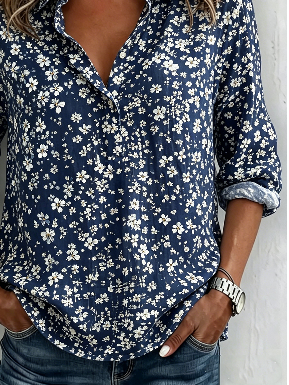 Women's Navy Floral Print Long Sleeve Roll Tab Casual Popover Blouse