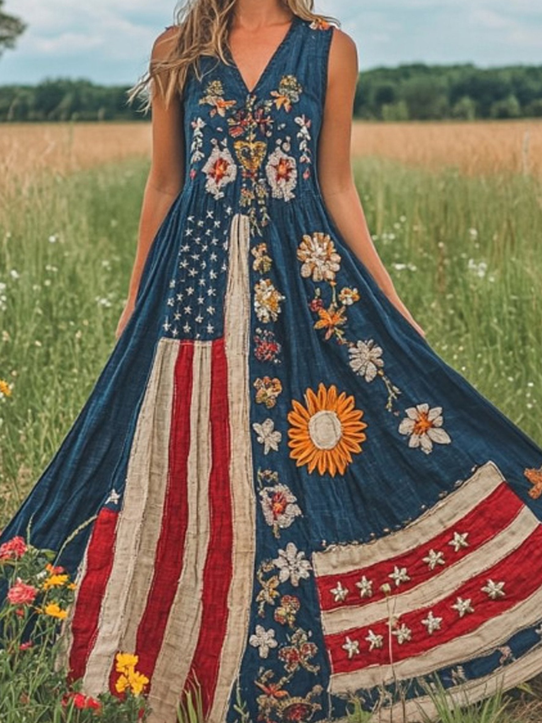 Women Floral Summer Dress America Flag V Neck Sleeveless A-Line Dress