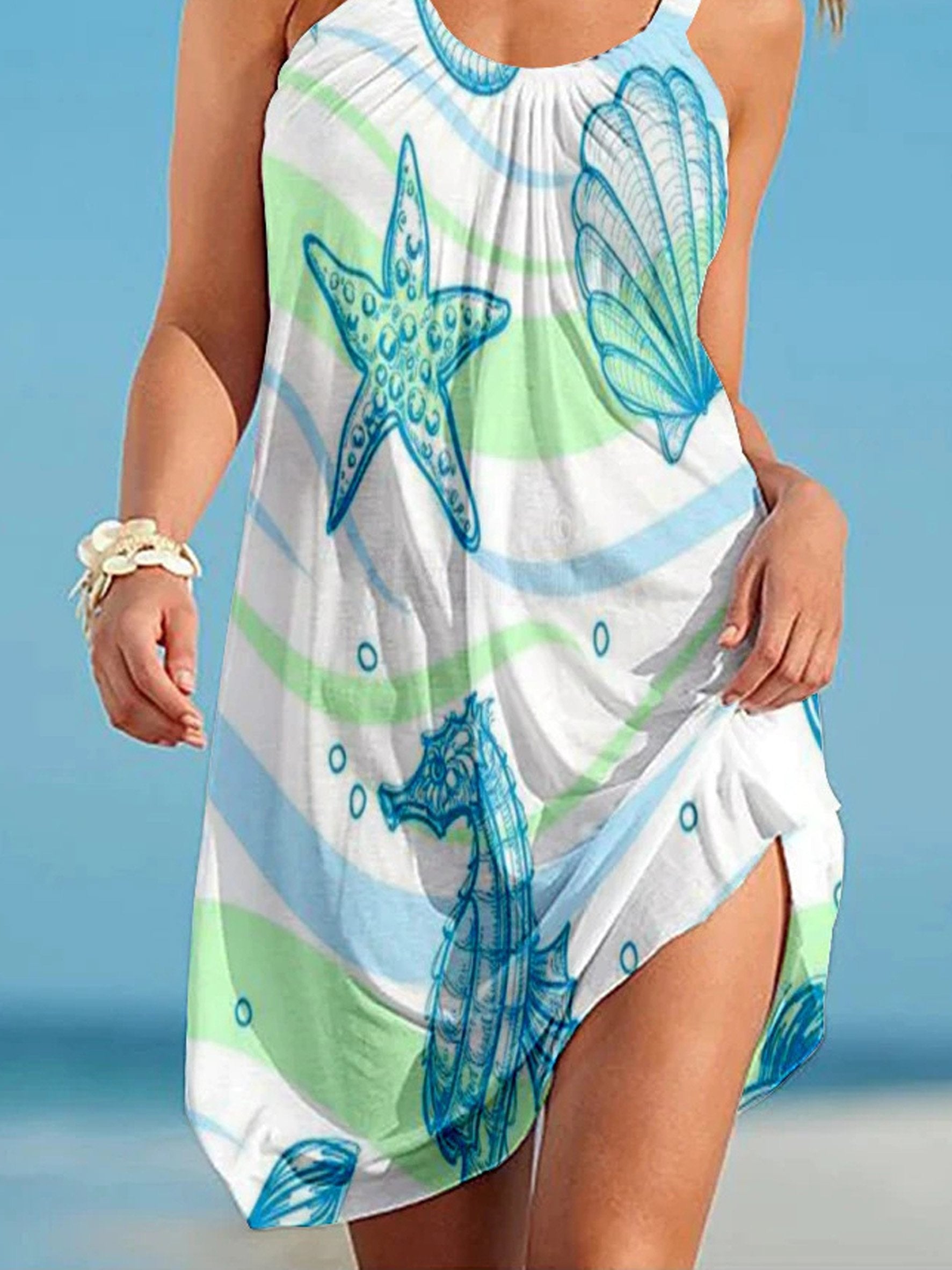 Women's Tummy Coverage Cyan Marine Life Print Crew Neck Vacation Short Dress