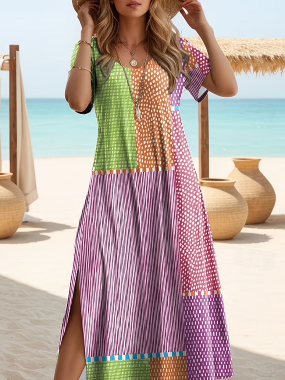 Women's Short Sleeve Summer As Picture Striped Printing Crew Neck Daily Going Out Casual Maxi H-Line T-Shirt Dress Dress