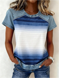 Women's Short Sleeve T-shirt Summer Blue Striped Printing Crew Neck Daily Going Out Vintage Top