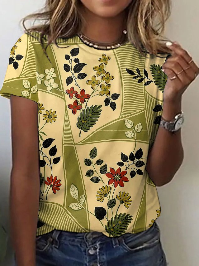 Cotton Floral Crew Neck Casual T-Shirt