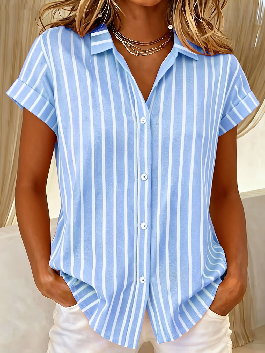 Women's Short Sleeve Shirt Summer Blue Striped Printing Shirt Collar Daily Going Out Casual Top