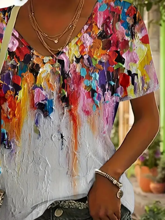 Women's Colorful Printed Casual V-Neck Short Sleeve T-Shirt