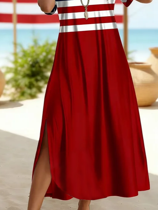 Women's Short Sleeve Summer Red Independence Day (Flag) Printing Crew Neck Daily Going Out Casual Maxi H-Line T-Shirt Dress Dress