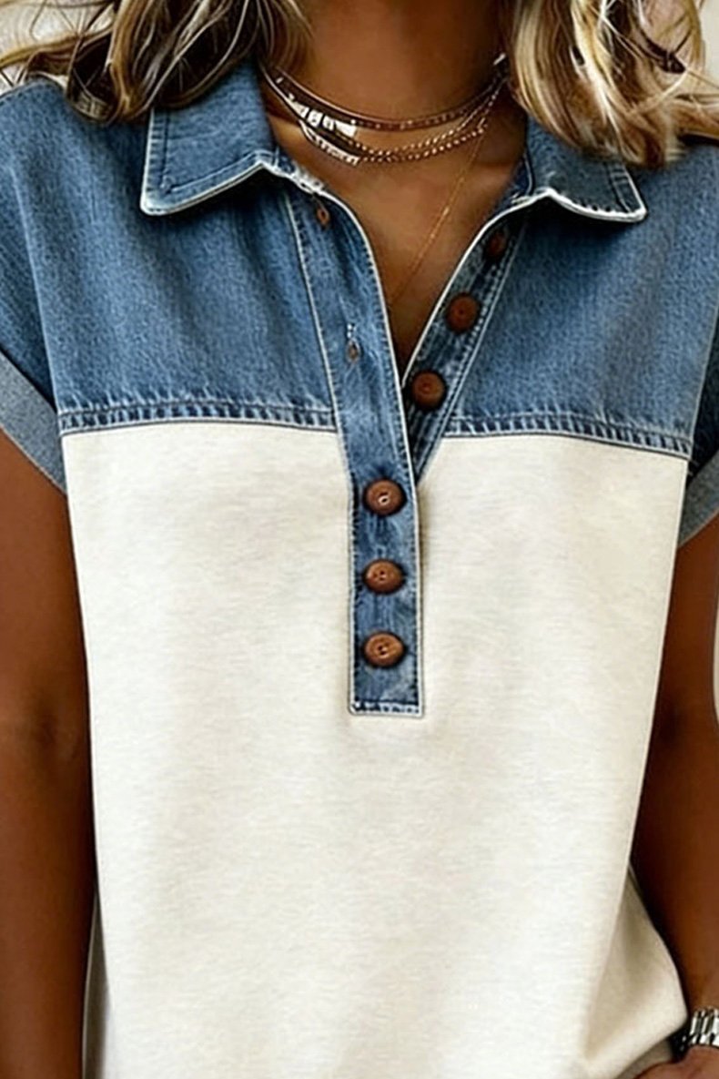 Denim Shawl Collar Color Block Going Out Casual Shirt
