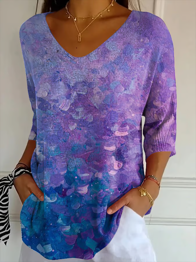 Women's Three Quarter Sleeve T-shirt Spring/Fall Blue Purple Abstract Printing V Neck Daily Going Out Casual Top
