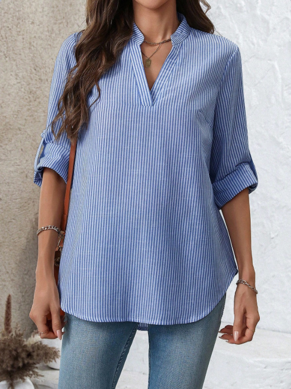 Light Blue Striped V-Neck Top