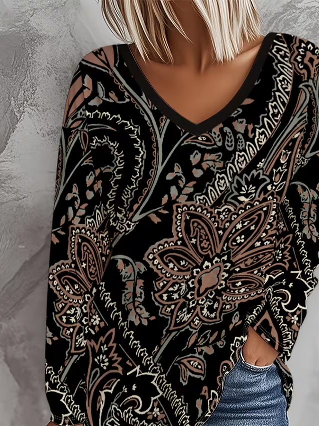 Women's Long Sleeve T-shirt Spring/Fall Black Floral Printing Jersey V Neck Daily Going Out Casual Top