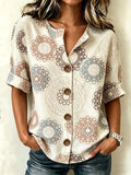 Vintage Abstract Floral Stand Collar Botton Spring Summer Linen Blend Casual Shirt