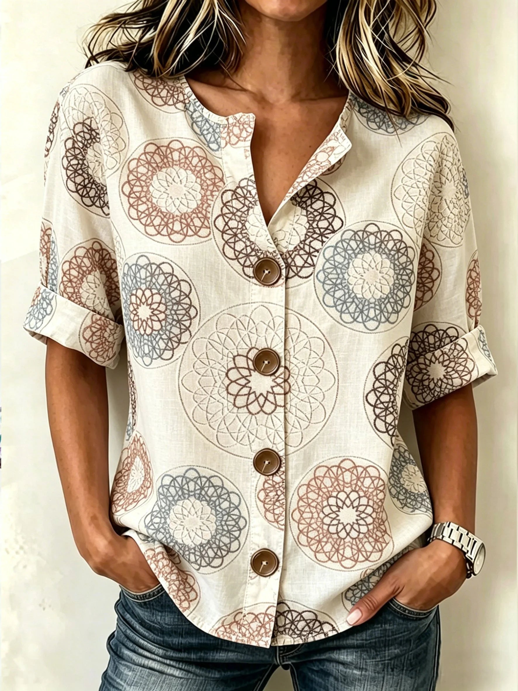 Vintage Abstract Floral Stand Collar Botton Spring Summer Linen Blend Casual Shirt