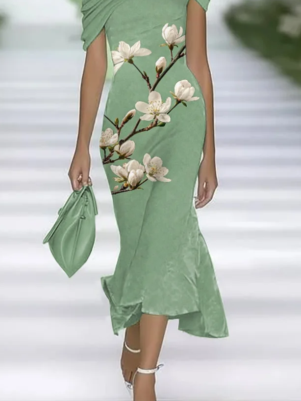 Women's Cap Sleeve Summer Green Floral Printing Cold Shoulder Daily Going Out Vintage Maxi H-Line Dress