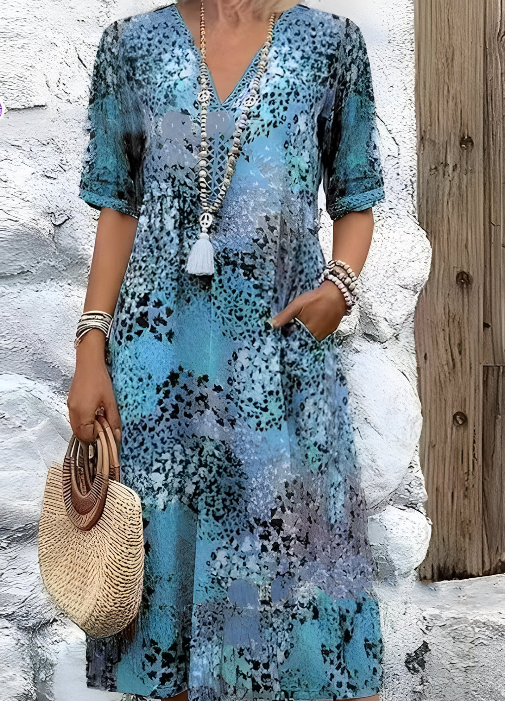 Women's Short Sleeve Summer Khaki Floral Split Joint V Neck Daily Going Out Vintage Maxi A-Line T-Shirt Dress Dress