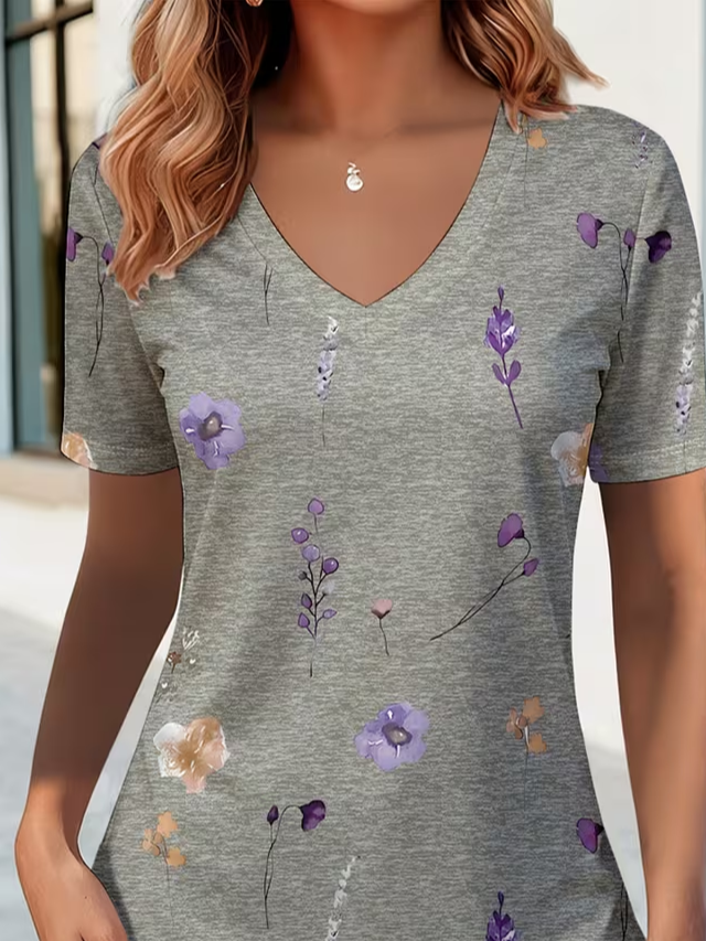Women's Short Sleeve T-shirt Summer Gray Floral Printing V Neck Holiday Going Out Vintage Top