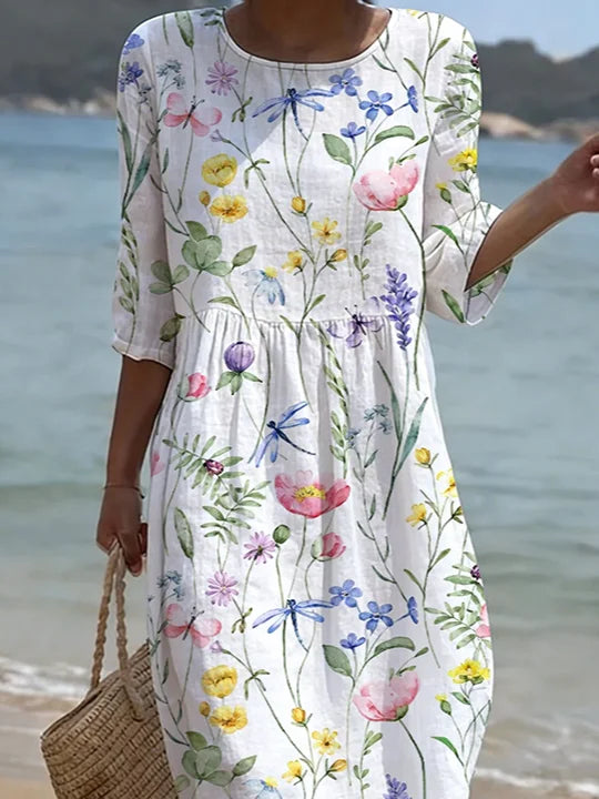 Women's Half Sleeve Summer White Floral Printing Crew Neck Daily Going Out Casual Maxi H-Line Dress