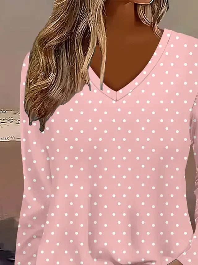 Women's Long Sleeve T-shirt Spring/Fall Pink Polka Dots Printing Jersey V Neck Daily Going Out Casual Top