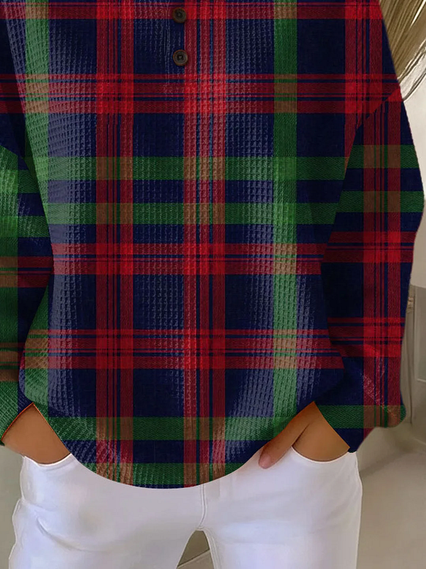 Women's Plaid Print Button-Up Casual Waffle Knit Sweatshirt