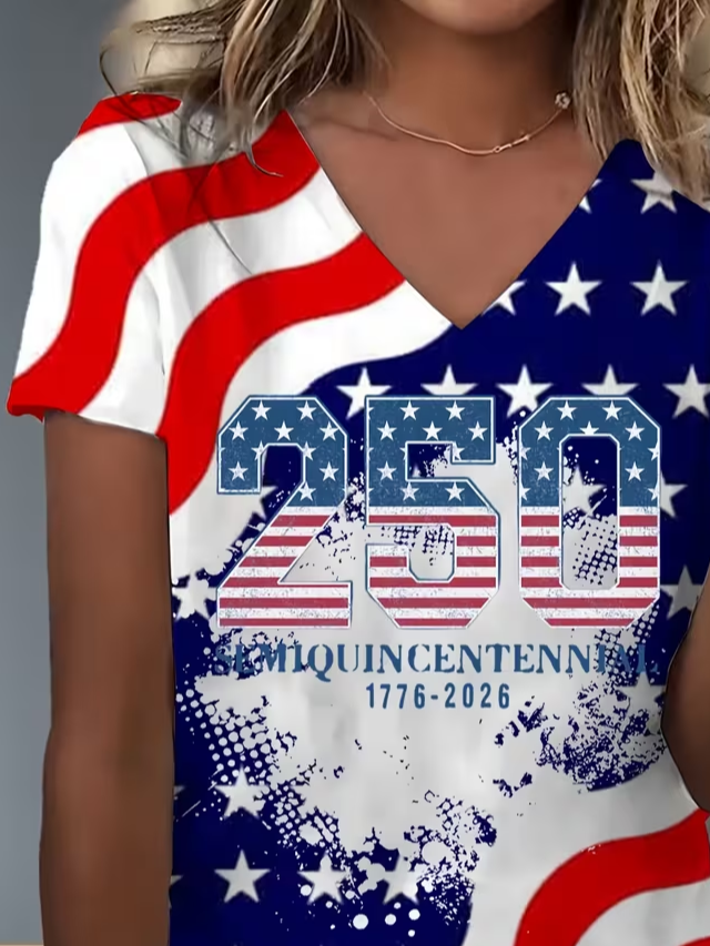 Women's Short Sleeve T-shirt Summer As Picture America Flag Printing V Neck Holiday Going Out Vintage Top