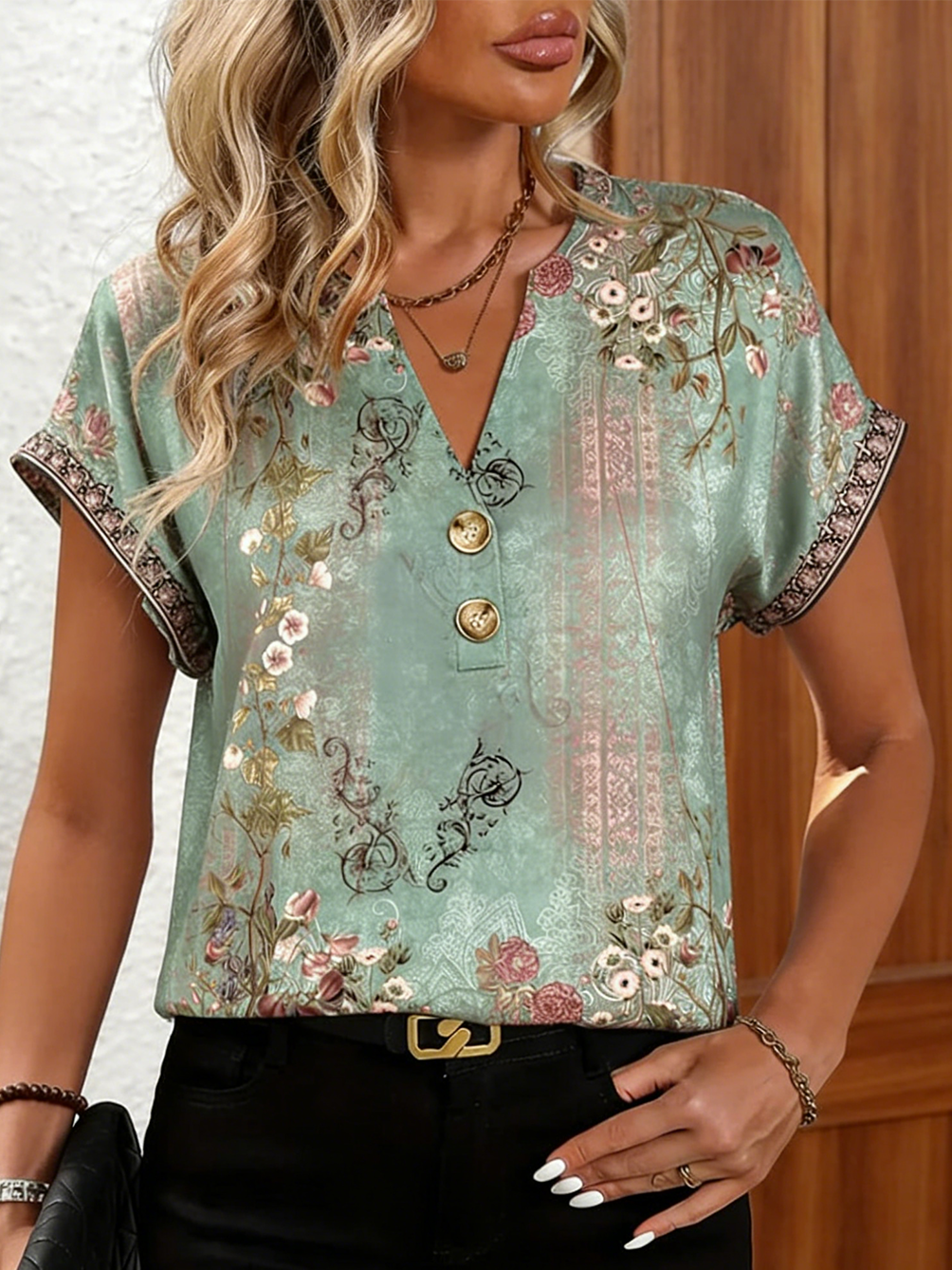 V Neck Elegant Cotton Loose T-Shirt