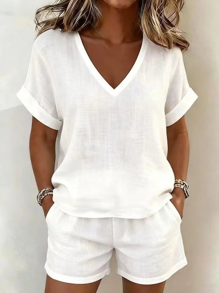 Cotton And Linen Casual Plain Two-Piece Set