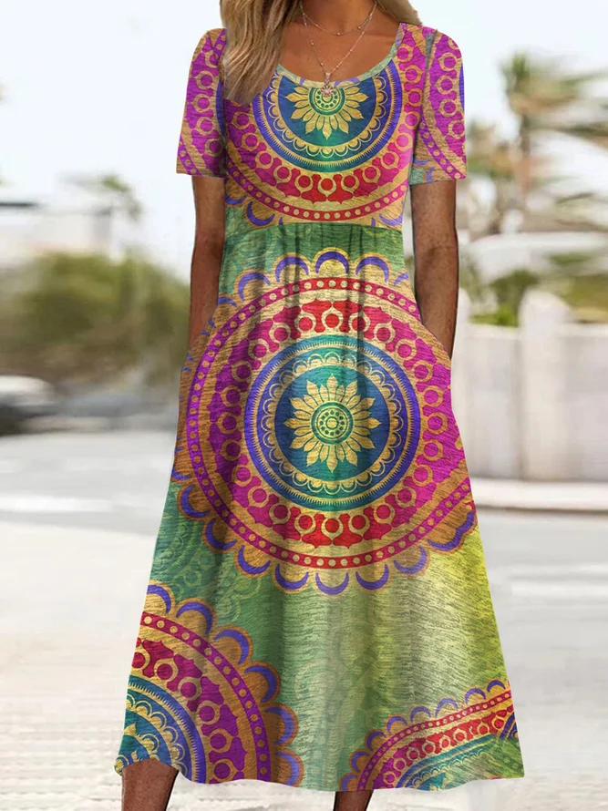 Women's Short Sleeve Summer As Picture Ethnic Printing Crew Neck Daily Going Out Casual Maxi H-Line Shift Dress Dress
