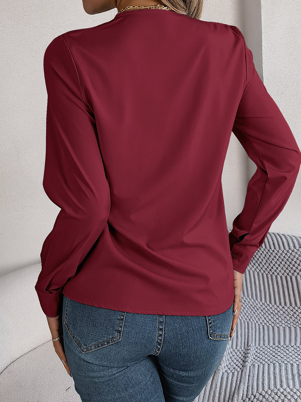 Women's Long Sleeve Shirt Spring/Fall White Plain Split Joint Tencel Fiber V Neck Daily Going Out Casual Top