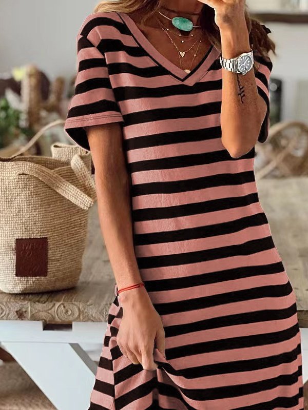 Women's Short Sleeve Summer White Striped Split Joint V Neck Daily Going Out Casual Maxi A-Line T-Shirt Dress Dress