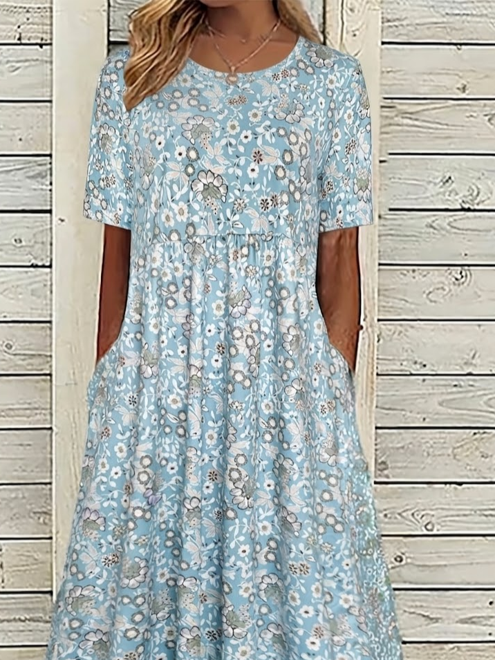 Women's Short Sleeve Summer Blue Floral Printing Crew Neck Daily Going Out Casual Maxi H-Line Shift Dress Dress
