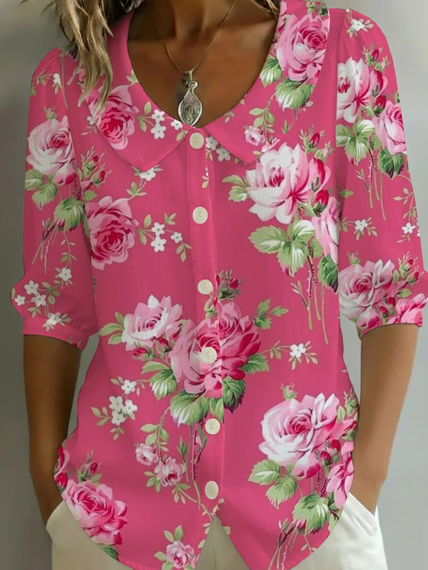 Women's Half Sleeve Shirt Summer Pink Floral Printing Shawl Collar Daily Going Out Casual Top