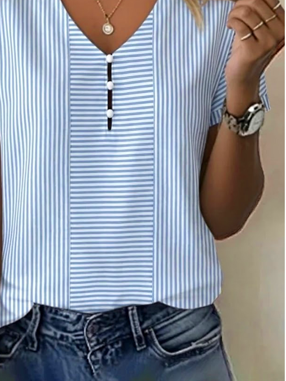Elegant Striped V Neck Regular Fit T-Shirt