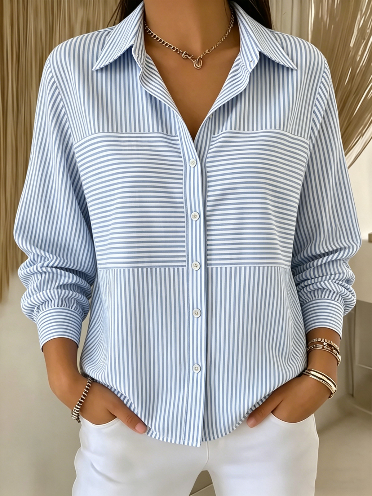 Striped Loose Simple Shirt Collar Shirt
