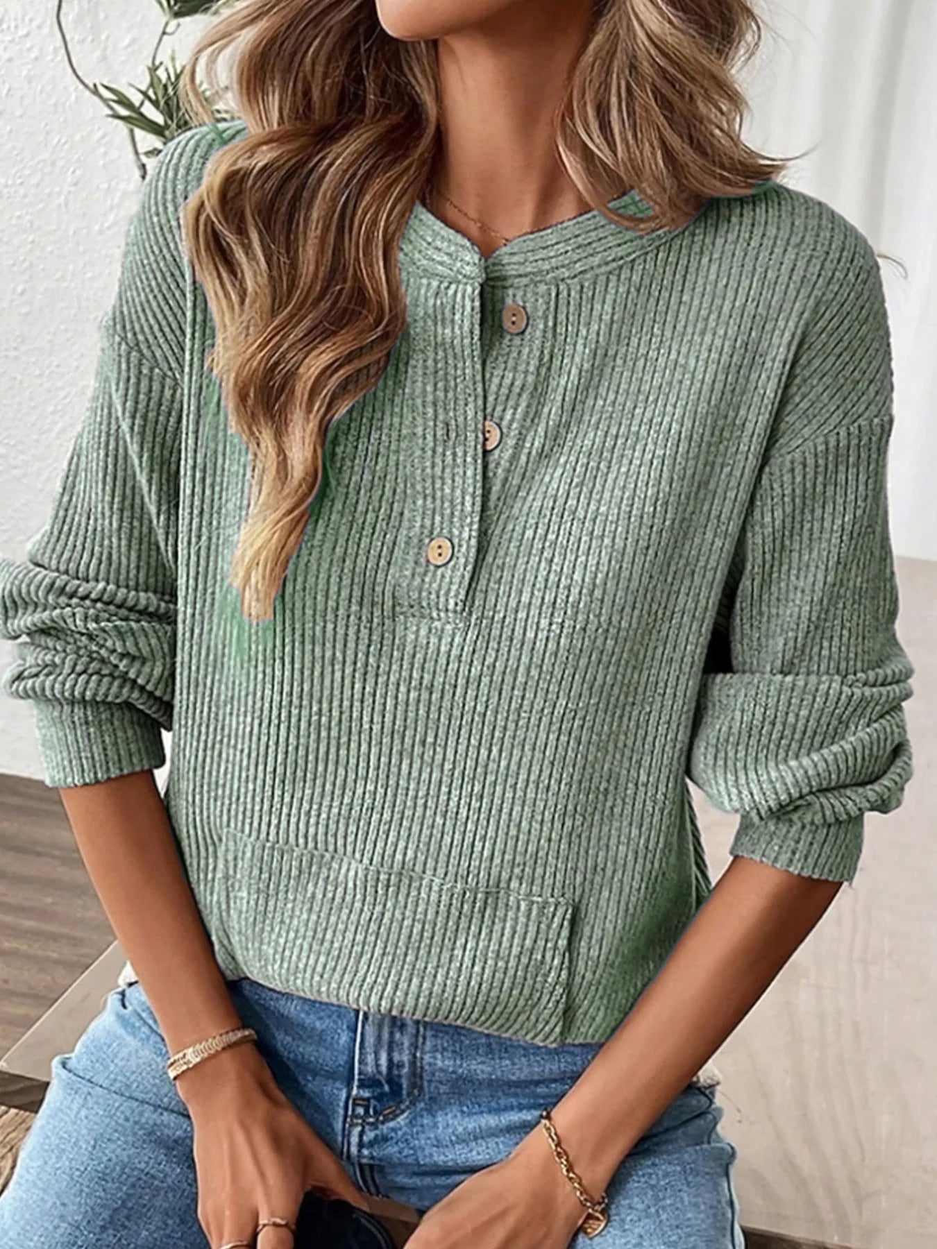Women's Long Sleeve T-shirt Spring/Fall Aqua Plain Buckle Cotton-Blend V Neck Daily Going Out Casual Top