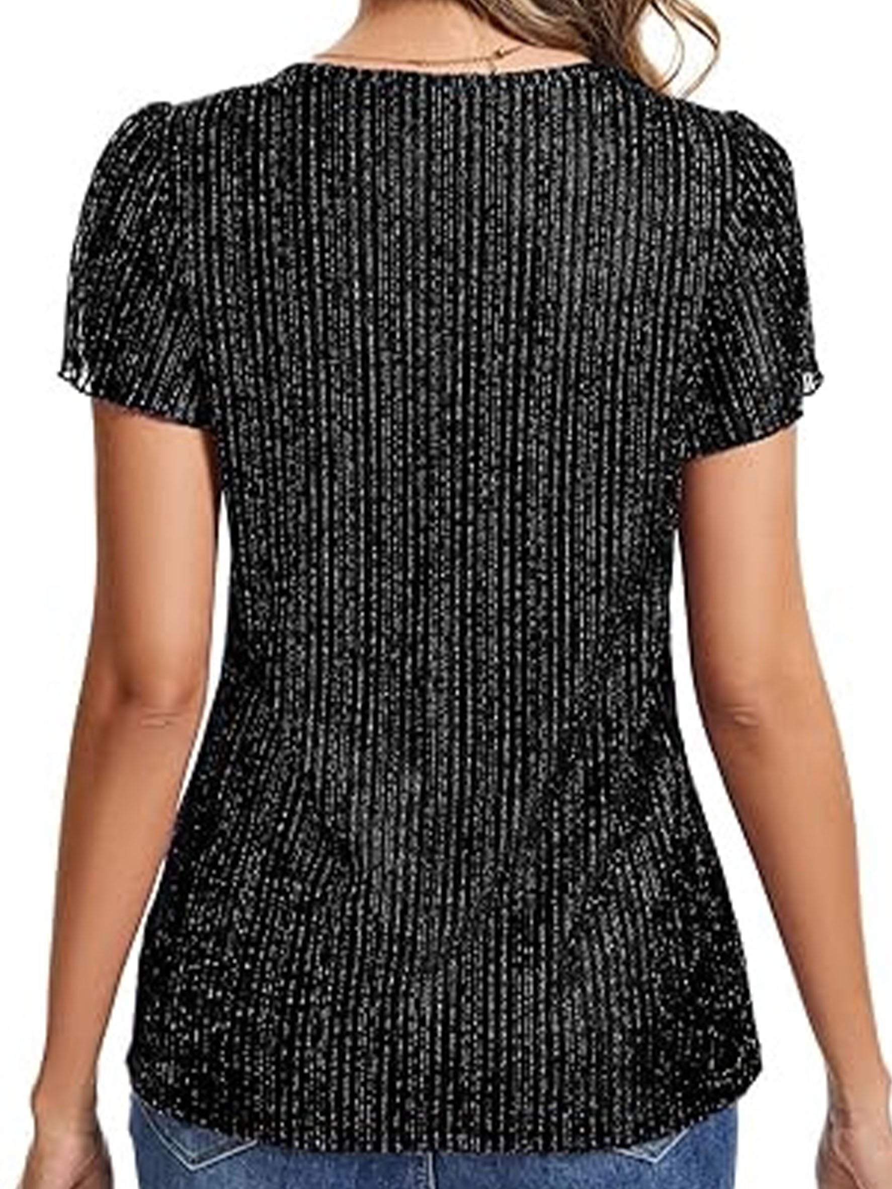 Women's Glitter V Neck Short Sleeve Top Summer Going Out Party Elegant T-Shirt