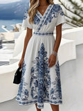 Blue Ethnic Floral Short Sleeve V Neck Summer Going Out Vacation Casual Dress