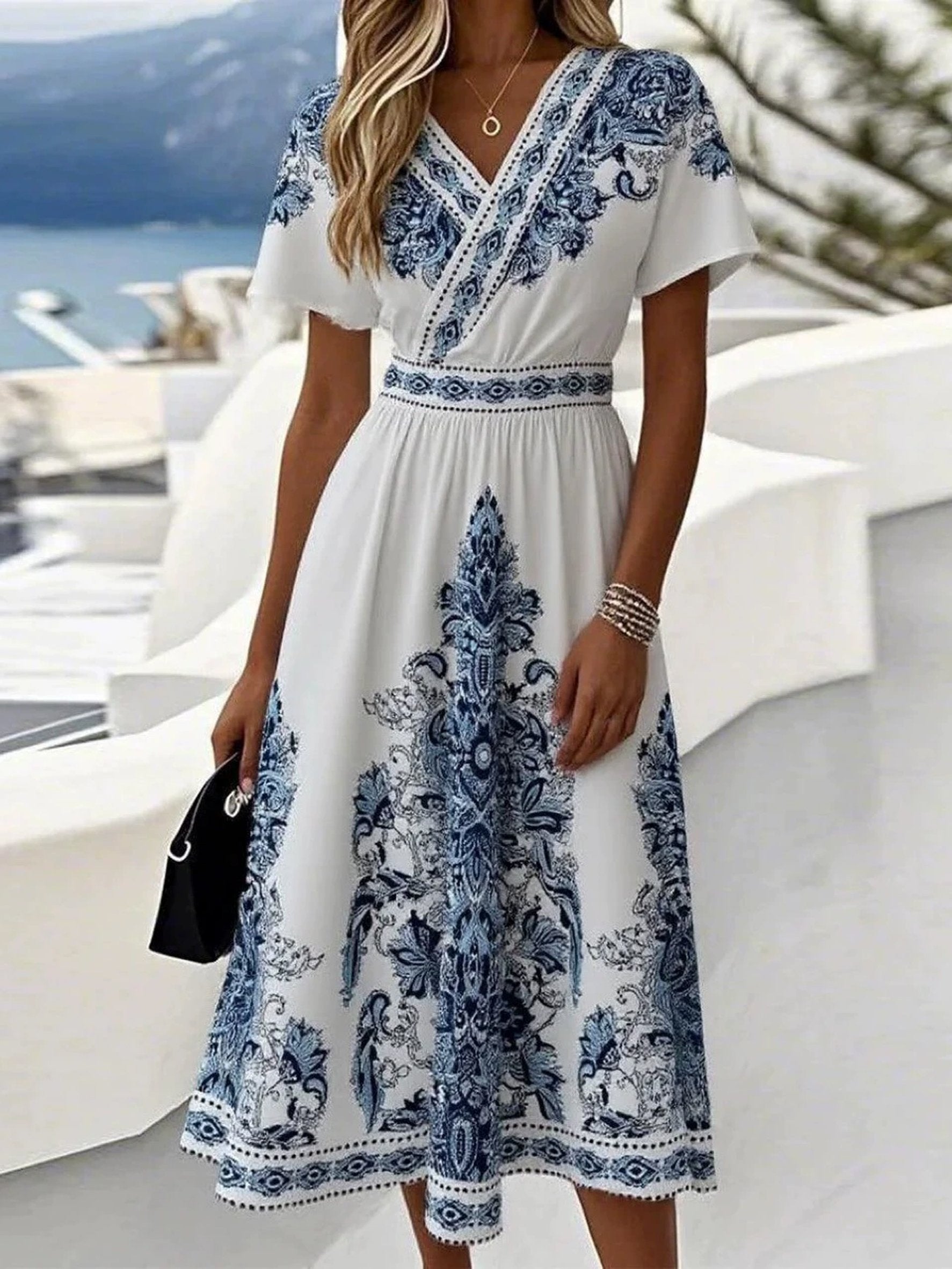 Blue Ethnic Floral Short Sleeve V Neck Summer Going Out Vacation Casual Dress