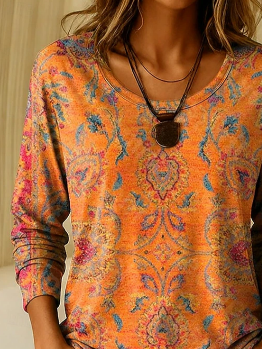 Women's Long Sleeve T-shirt Spring/Fall Orange Floral Printing Jersey Crew Neck Daily Going Out Casual Top