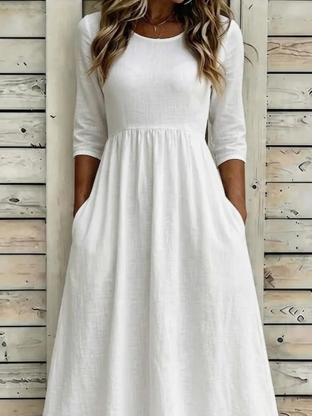 Women's Half Sleeve Summer White Plain Printing Crew Neck Daily Going Out Casual Maxi H-Line Dress