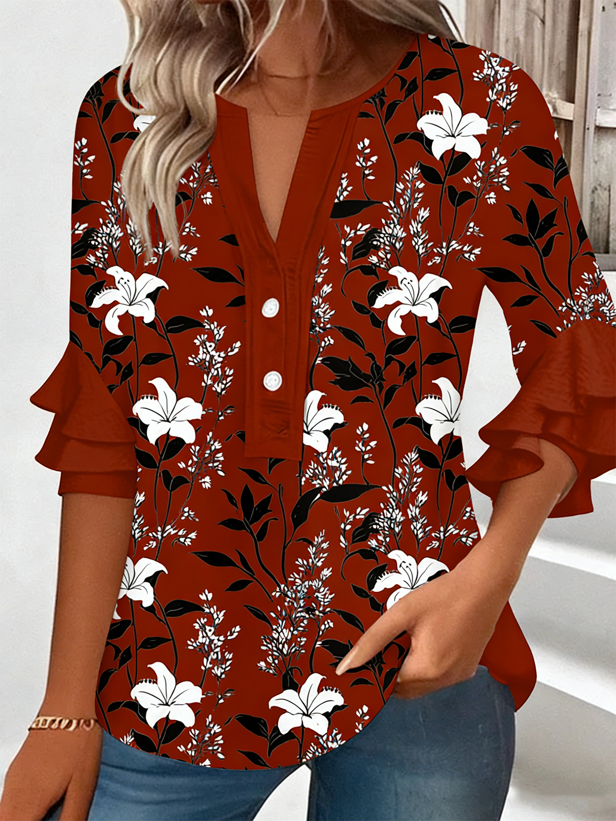 Vintage Loose Botanical Pattern V Neck Shirt