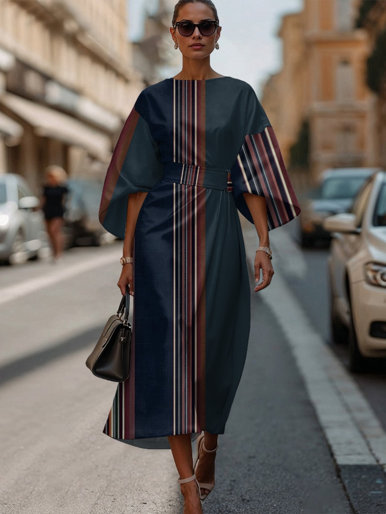 Dolman Sleeve Multicolor Block Regular Fit Vintage Crew Neck Dress With Belt