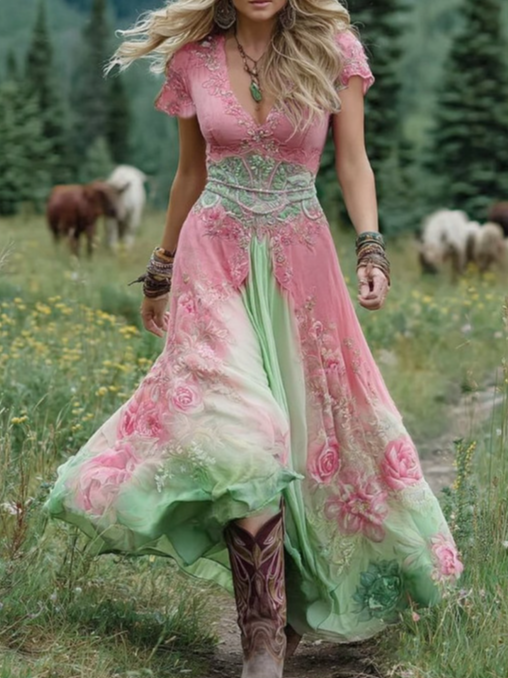 Women’s Vintage Floral Print Summer V-Neck Regular Fit A-Line Maxi Dress