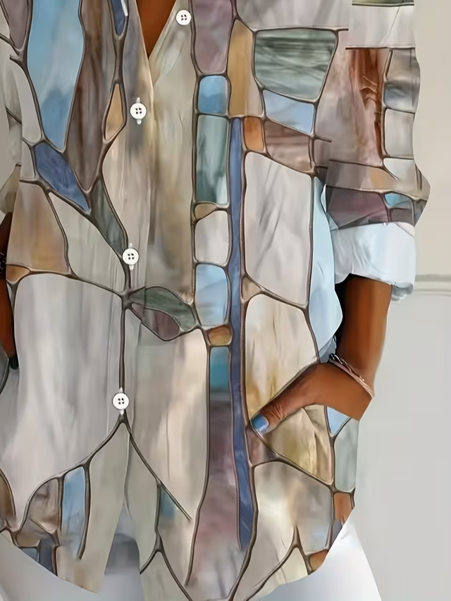 Women's Long Sleeve Shirt Spring/Fall As Picture Abstract Buckle Shirt Collar Regular Sleeve Daily Going Out Casual Top