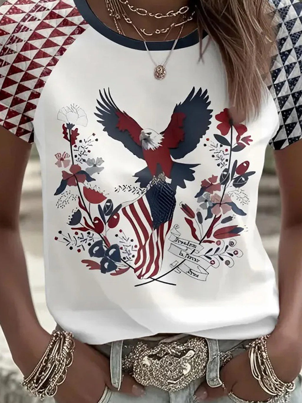 3D Printing Independence Day Vintage Crew Neck Eagle Old Glory Jersey T-Shirt