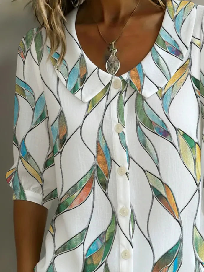 Women's Half Sleeve Shirt Summer White Abstract Printing Shawl Collar Daily Going Out Casual Top