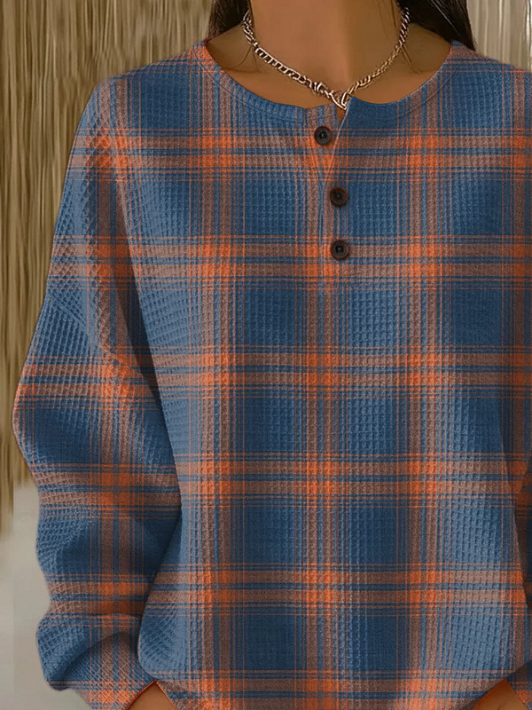 Women's Plaid Print Button-Up Casual Waffle Knit Sweatshirt