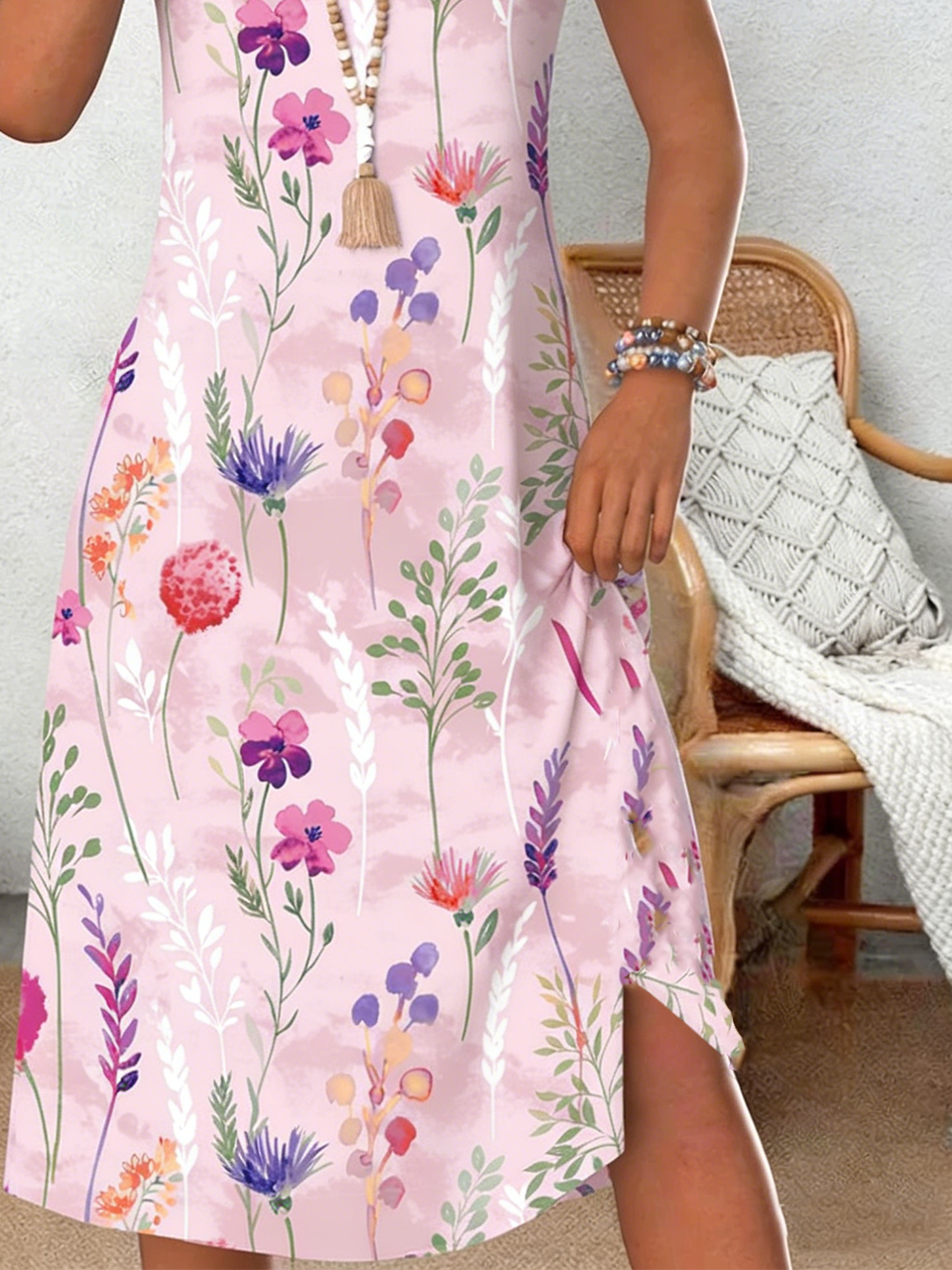 Floral Loose Casual Crew Neck Dress With No