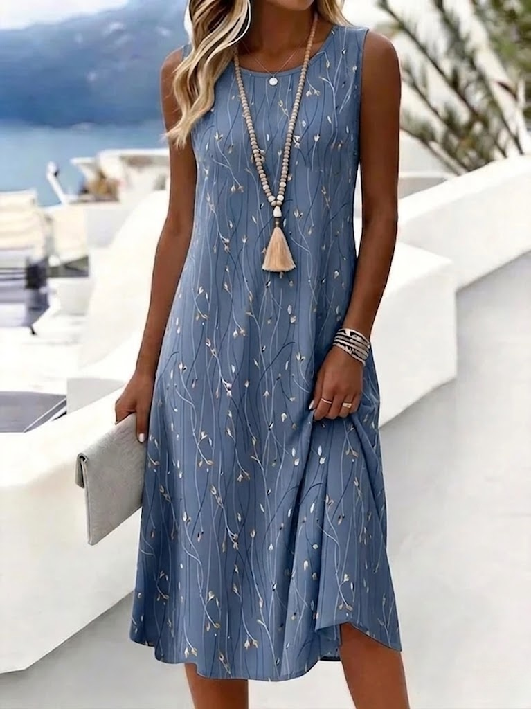 Women's Sleeveless Round Neck Midi Dress Blue Gray Floral Print Casual Summer Tank Dress with No Slit Hem