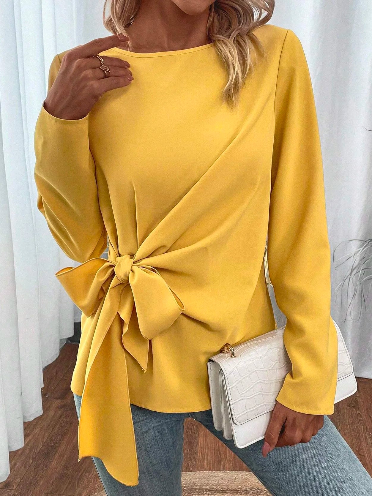 Knot Front Design Loose Casual Halloween Crew Neck H-Line Long Sleeve Shirt