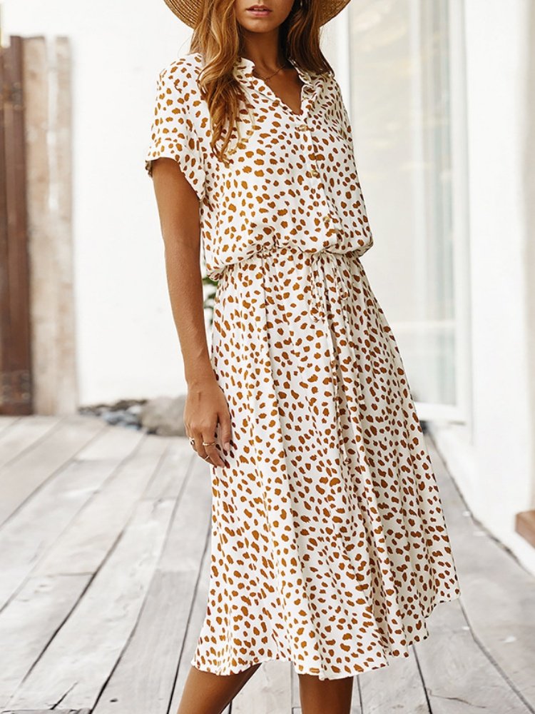 Women's Short Sleeve Summer Blue Polka Dots Split Joint V Neck Daily Going Out Vintage Maxi A-Line T-Shirt Dress Dress